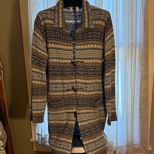 Talbots Striped Toggle Duster in Blue and Tan Tones